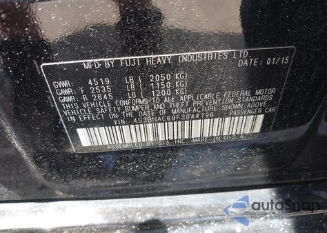 2015 Subaru Legacy 2.5I Premium from USA, damaged, VIN 4S3BNAC69F3044196